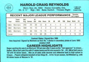 1986 Donruss #484 Harold Reynolds Back