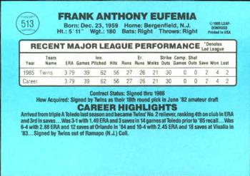 1986 Donruss #513 Frank Eufemia Back