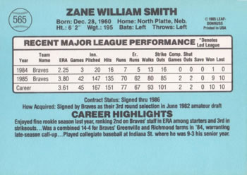 1986 Donruss #565 Zane Smith Back