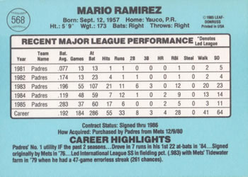 1986 Donruss #568 Mario Ramirez Back