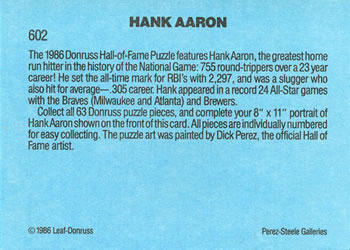 1986 Donruss #602 Hank Aaron Back