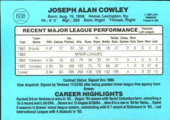 1986 Donruss #608 Joe Cowley Back