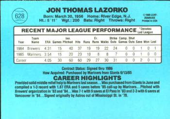 1986 Donruss #628 Jack Lazorko Back
