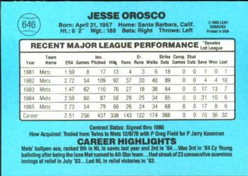 1986 Donruss #646 Jesse Orosco Back