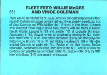 1986 Donruss #651 Fleet Feet (Willie McGee / Vince Coleman) Back