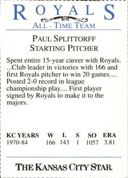 1993 Kansas City Star Royals All-Time Team #NNO Paul Splittorff Back