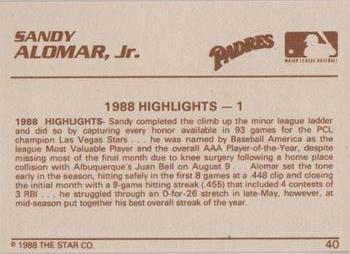 1988 Star Silver #40 Sandy Alomar, Jr. Back