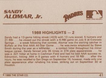 1988 Star Silver #41 Sandy Alomar, Jr. Back