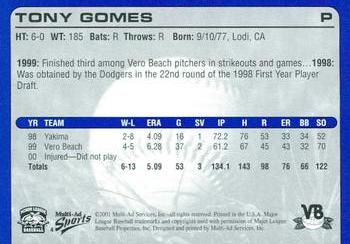 2001 Multi-Ad Vero Beach Dodgers #4 Tony Gomes Back