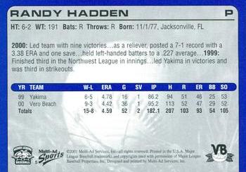2001 Multi-Ad Vero Beach Dodgers #5 Randy Hadden Back