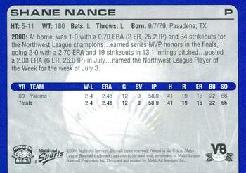 2001 Multi-Ad Vero Beach Dodgers #8 Shane Nance Back