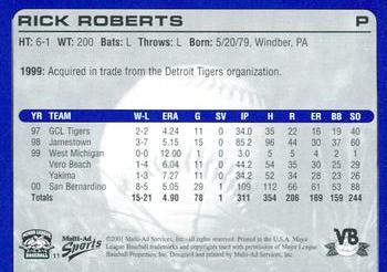 2001 Multi-Ad Vero Beach Dodgers #11 Rick Roberts Back