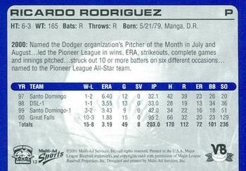 2001 Multi-Ad Vero Beach Dodgers #12 Ricardo Rodriguez Back