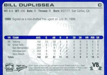 2001 Multi-Ad Vero Beach Dodgers #14 Bill Duplissea Back