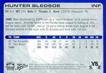 2001 Multi-Ad Vero Beach Dodgers #18 Hunter Bledsoe Back