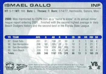 2001 Multi-Ad Vero Beach Dodgers #19 Ismael Gallo Back