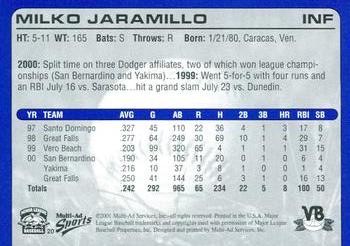 2001 Multi-Ad Vero Beach Dodgers #20 Milko Jaramillo Back