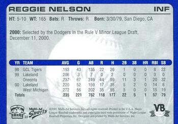 2001 Multi-Ad Vero Beach Dodgers #22 Reggie Nelson Back