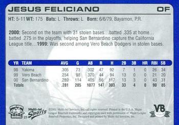2001 Multi-Ad Vero Beach Dodgers #25 Jesus Feliciano Back