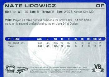 2001 Multi-Ad Vero Beach Dodgers #26 Nate Lipowicz Back