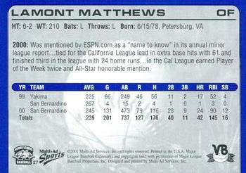 2001 Multi-Ad Vero Beach Dodgers #27 Lamont Matthews Back