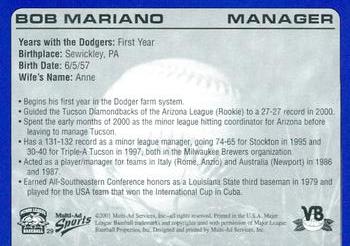 2001 Multi-Ad Vero Beach Dodgers #29 Bob Mariano Back