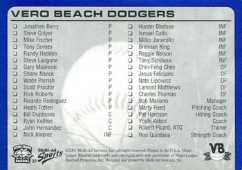2001 Multi-Ad Vero Beach Dodgers #35 Cover Card Back
