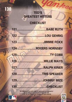 1993 Ted Williams #130 Checklist: 121-130 Back