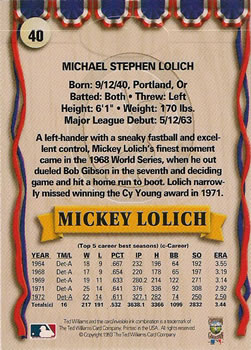 1993 Ted Williams #40 Mickey Lolich Back