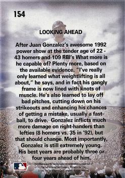 1993 Ted Williams #154 Juan Gonzalez Back