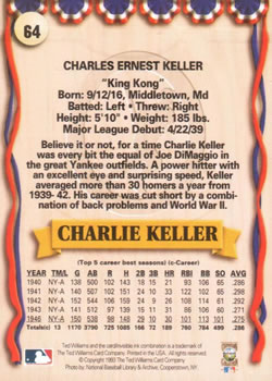 1993 Ted Williams #64 Charlie Keller Back