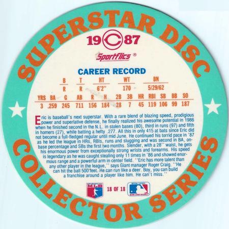 1987 Sportflics - Superstar Discs #18 Eric Davis Back