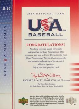 2005 Upper Deck USA Baseball 2004 National Team - 2004 Team USA Signatures Blue #S-37 Ryan Zimmerman Back