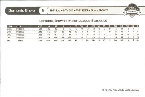 2014 Philadelphia Phillies Photocards Set 1 #7 Domonic Brown Back