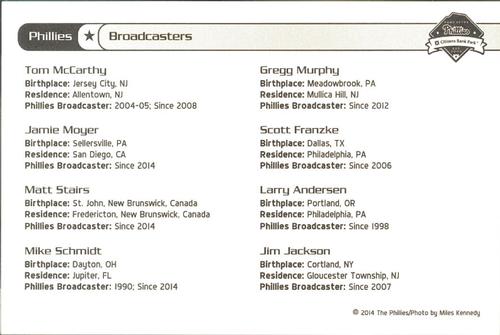 2014 Philadelphia Phillies Photocards Set 1 #41 Broadcasters (Jamie Moyer / Matt Stairs / Larry Andersen / Tom McCarthy / Gregg Murphy / Scott Franzke / Jim Jackson) Back