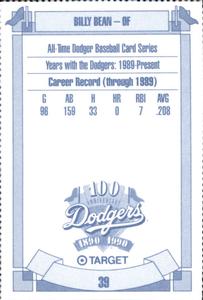 1990 Target Dodgers #39 Billy Bean Back