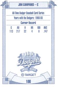 1990 Target Dodgers #106 Jim Campanis Back
