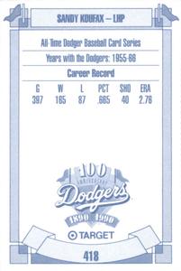 1990 Target Dodgers #418 Sandy Koufax Back