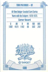 1990 Target Dodgers #600 Tom Paciorek Back