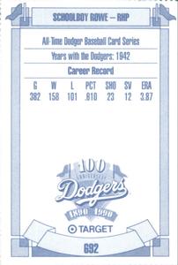 1990 Target Dodgers #692 Schoolboy Rowe Back