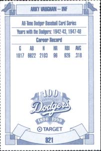 1990 Target Dodgers #821 Arky Vaughan Back