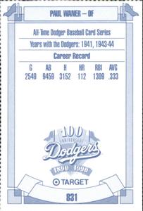 1990 Target Dodgers #831 Paul Waner Back