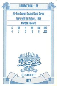 1990 Target Dodgers #927 Lindsay Deal Back