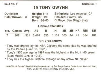 1989 San Diego Padres #3 Tony Gwynn Back