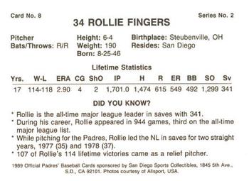 1989 San Diego Padres #8 Rollie Fingers Back