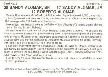 1989 San Diego Padres #9 The Alomar Family Back
