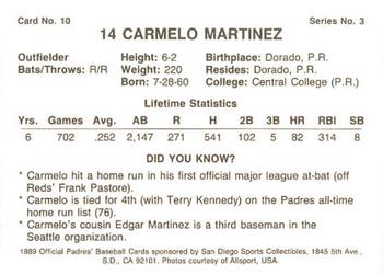 1989 San Diego Padres #10 Carmelo Martinez Back