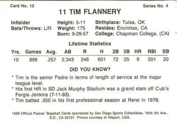 1989 San Diego Padres #15 Tim Flannery Back