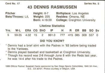 1989 San Diego Padres #17 Dennis Rasmussen Back