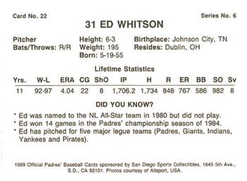 1989 San Diego Padres #22 Ed Whitson Back
